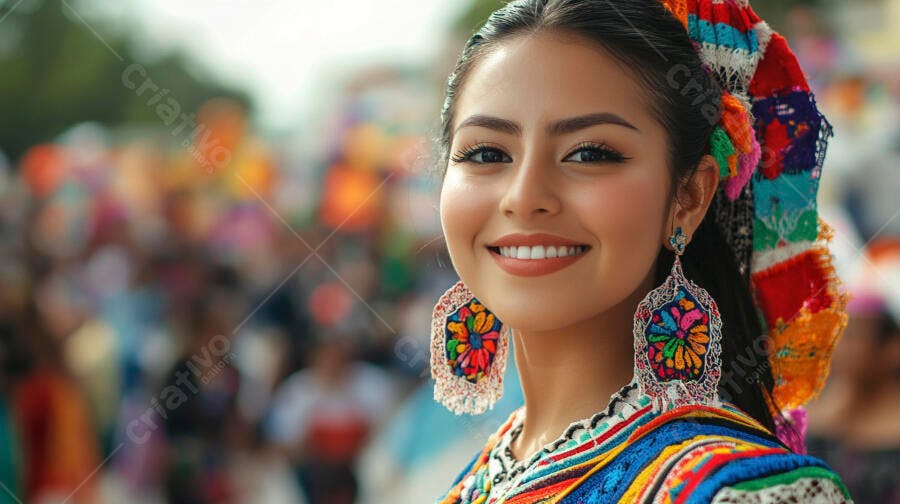 Mulher latina sorrindo em traje folclórico vibrante com brincos bordados coloridos