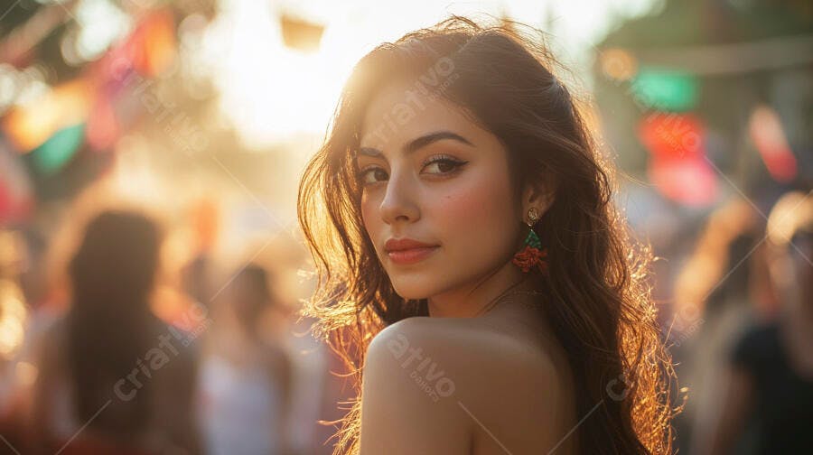 Mulher jovem latina sorrindo em evento ao pôr do sol com brincos florais