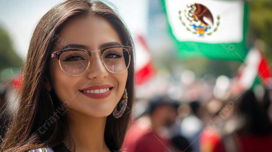 Mulher jovem mexicana sorrindo em celebração cultural com óculos