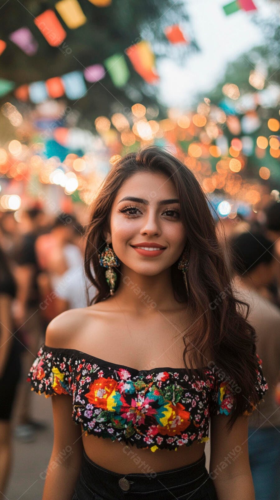 Mulher latina sorridente em festa de rua com blusa floral colorida e luzes vibrantes