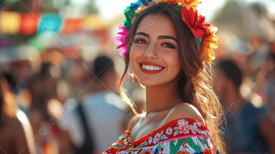 Mulher latina feliz com coroa de flores coloridas em festival ao ar livre