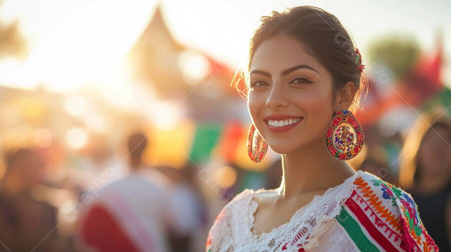 Mulher latina sorridente em traje tradicional com brincos coloridos na luz dourada do pôr do sol