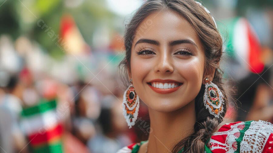 Mulher latina sorrindo com vestido tradicional mexicano em festa cultural