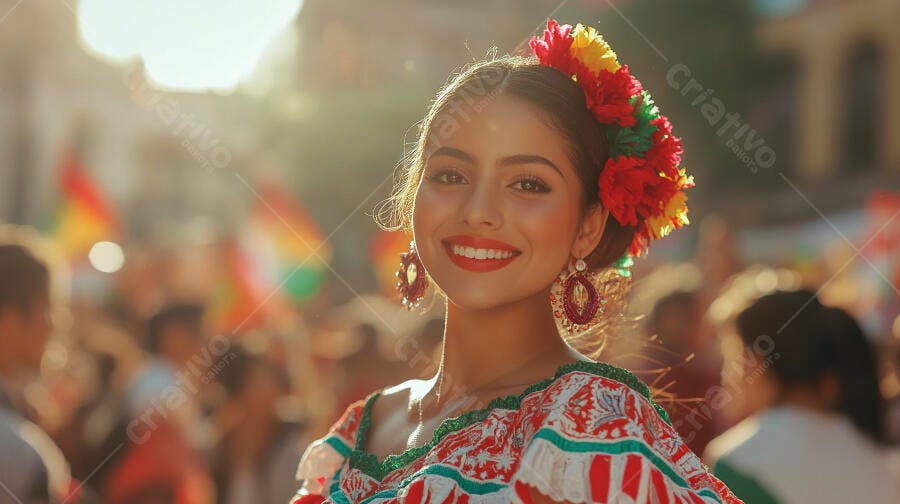 Mulher latina feliz com coroa de flores em festival cultural ao pôr do sol