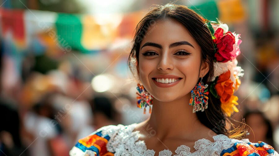 Mulher latina feliz com vestido tradicional flores cabelo e brincos coloridos