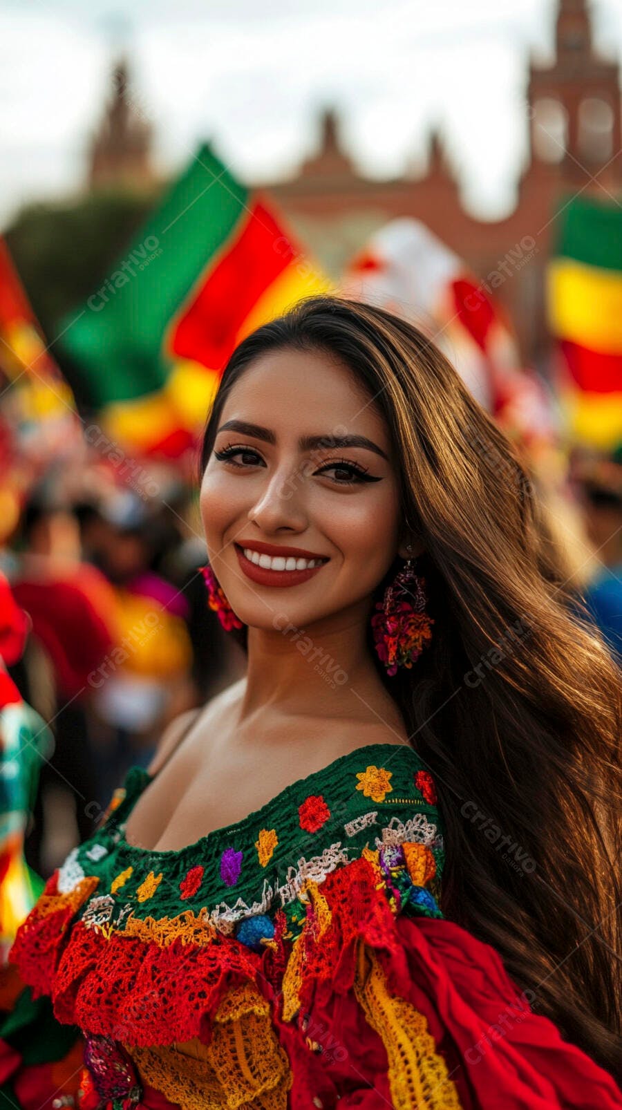 Mulher latina sorrindo em traje folclórico colorido festa tradicional