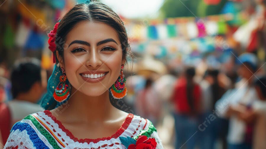 Mulher latina sorrindo em festa mexicana com brinco colorido