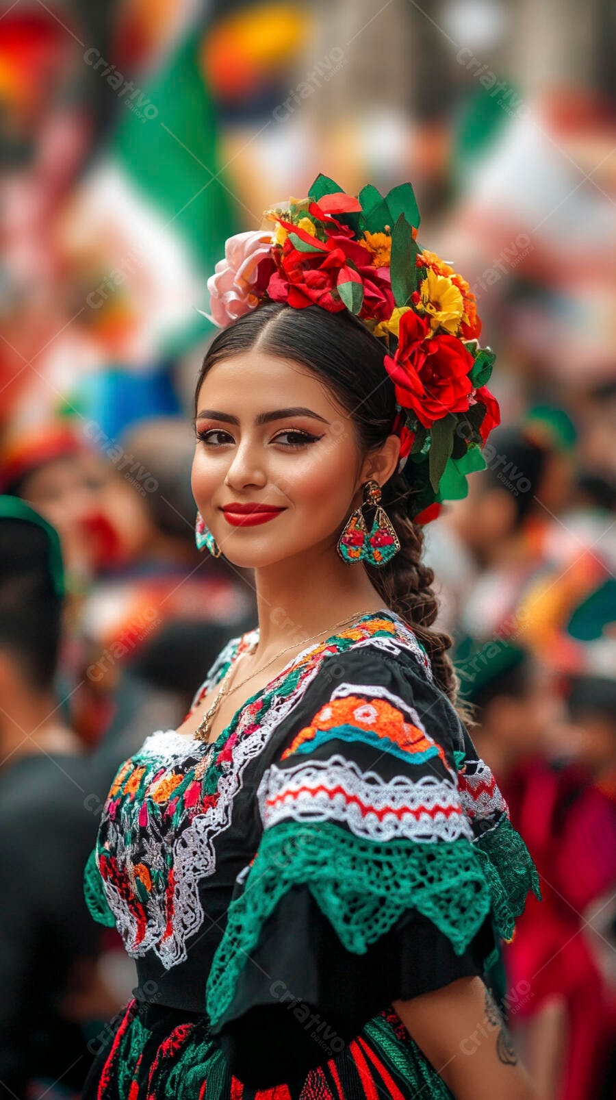 Mulher mexicana sorrindo com vestido folclórico e coroa de flores coloridas em festival