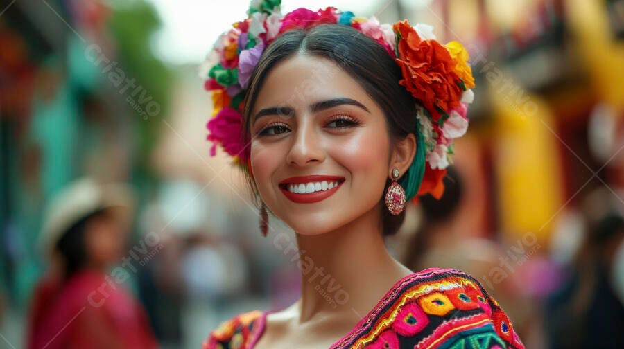 Mulher latina feliz com coroa de flores coloridas e roupa tradicional