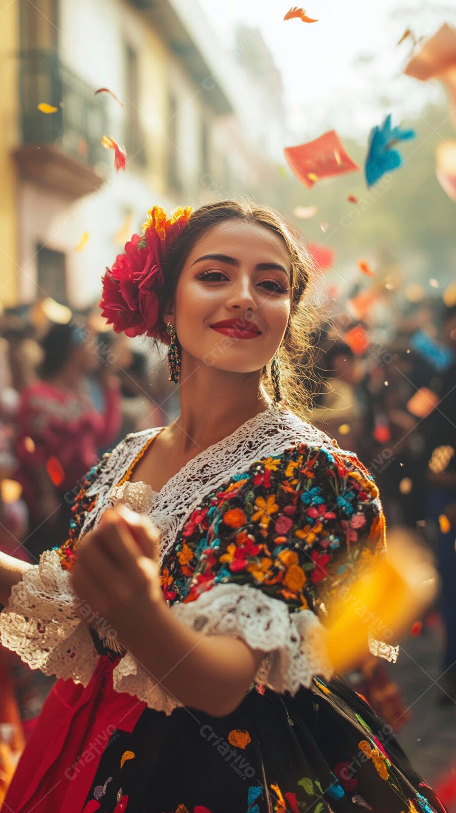 Mulher mexicana feliz em traje folclórico bordado colorido com flores e confete
