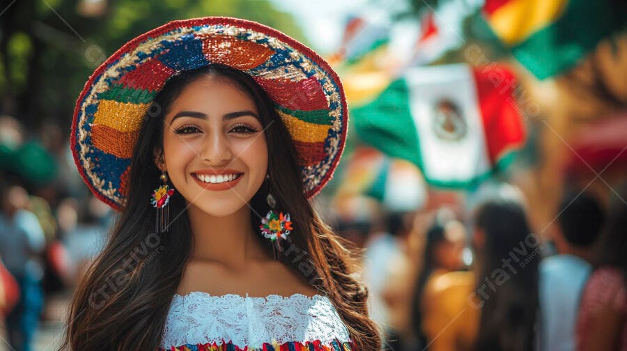 Mulher mexicana sorrindo com chapéu colorido em celebração cultural
