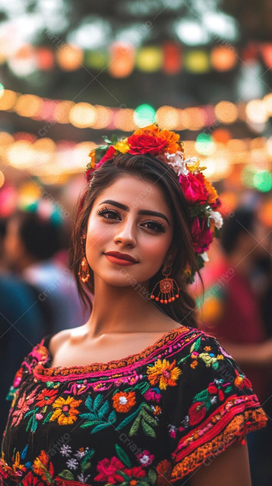 Mulher latina jovem sorrindo com coroa de flores e blusa bordada em festival colorido