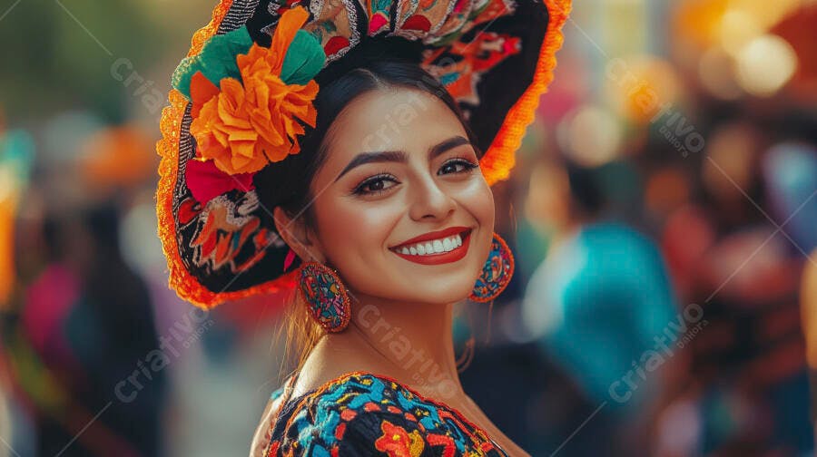 Jovem mulher latina sorrindo em traje tradicional vibrante com flor laranja