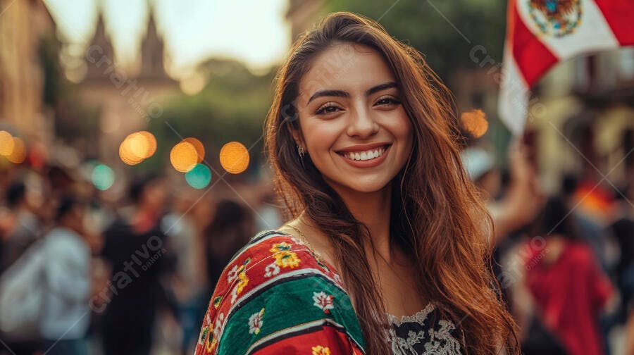 Mulher latina sorrindo com traje tradicional em celebração urbana