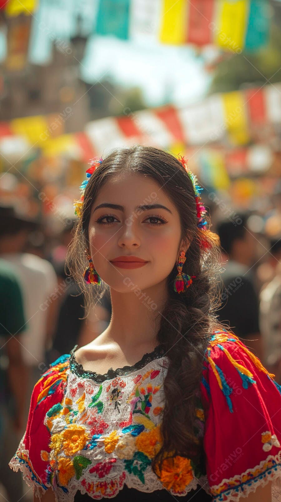 Mulher jovem latina com blusa bordada colorida e flores no cabelo em festa