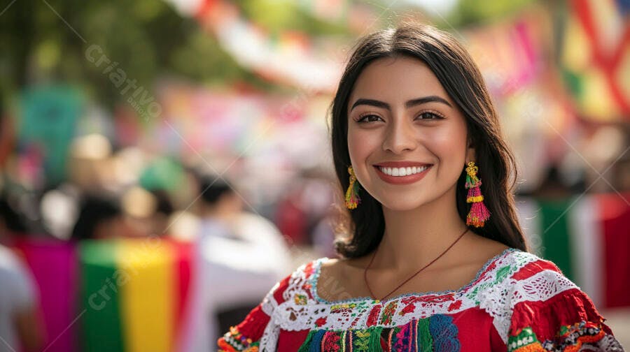 Mulher jovem latina sorrindo com vestido tradicional em festa cultural
