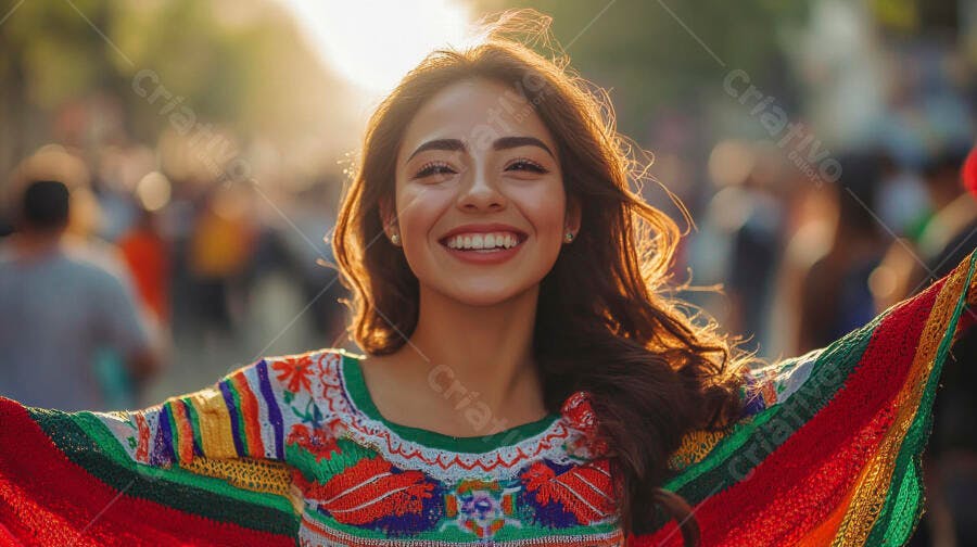 Jovem mulher latina sorrindo em festival com blusa bordada colorida e sol