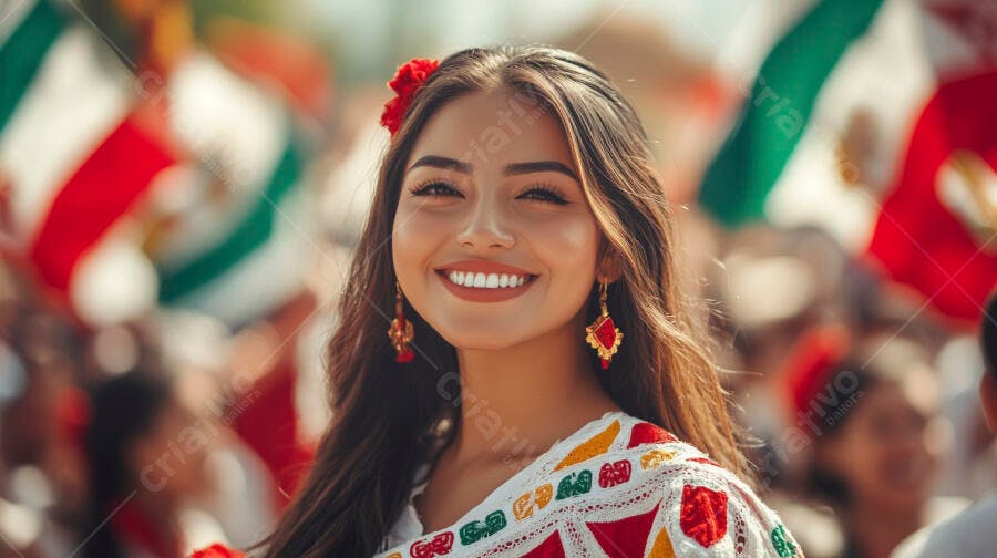 Mulher mexicana sorrindo em traje tradicional com bandeiras no festival cultural
