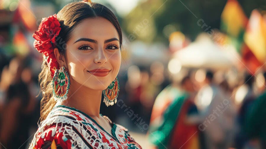 Mulher latina sorrindo com flor vermelha e brinco tradicional em celebração cultural