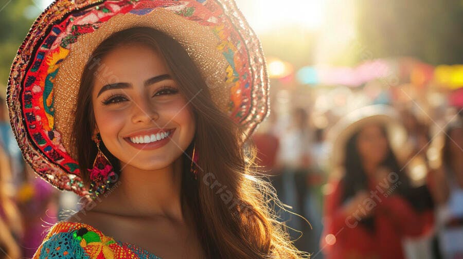 Mulher latina sorridente com chapéu colorido em festa junina ensolarada