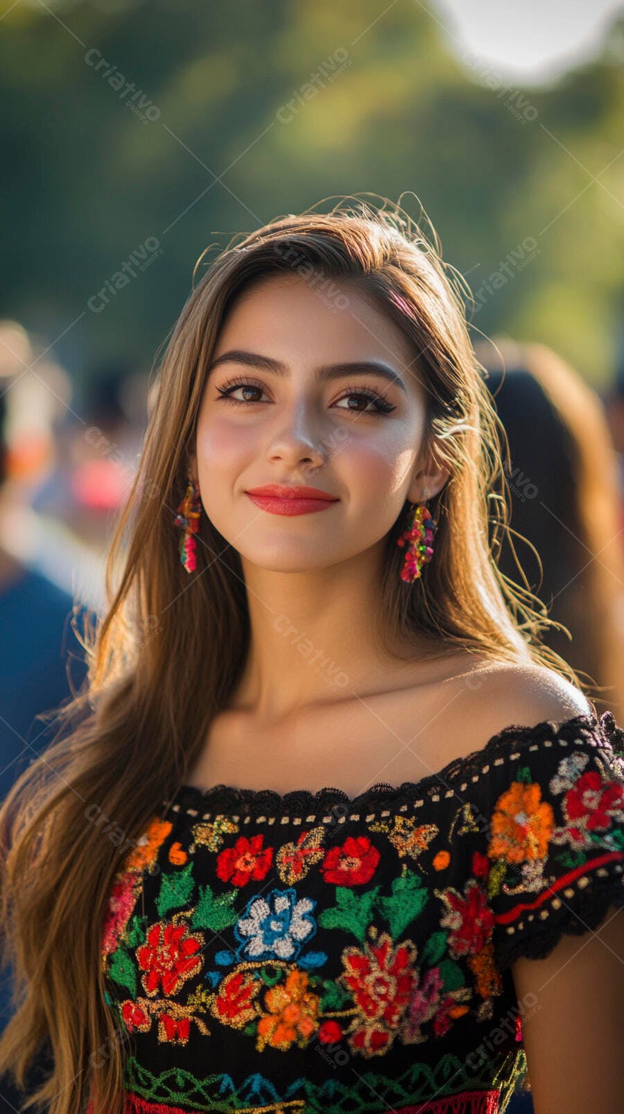 Mulher latina sorridente com blusa bordada floral e brincos coloridos