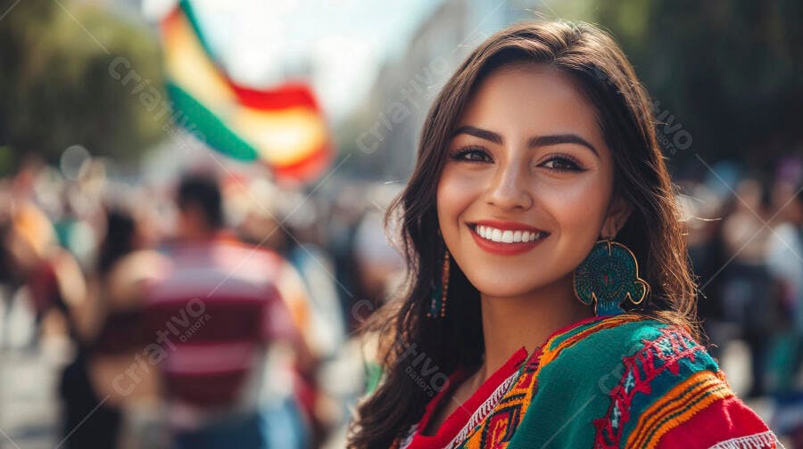 Mulher boliviana sorrindo feliz em festival cultural com traje típico