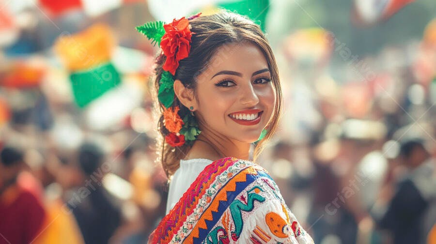 Mulher latina sorrindo com traje bordado e flores no cabelo em celebração cultural