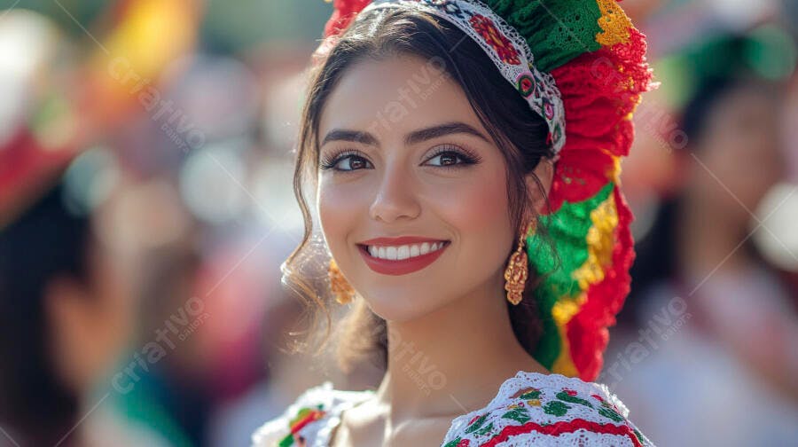 Jovem mulher latina sorrindo feliz em traje típico colorido de festa folclórica