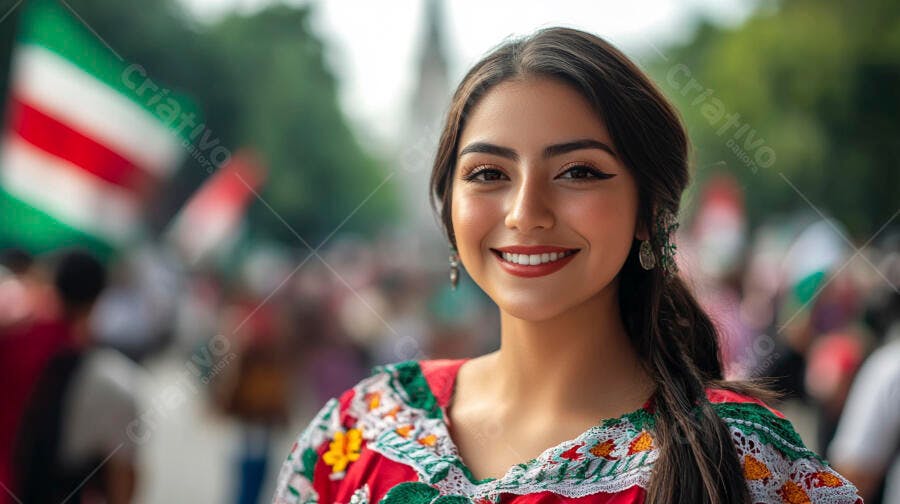 Mulher mexicana sorrindo em traje tradicional bordado vermelho durante celebração cultural