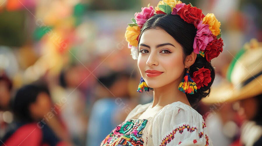 Mulher jovem latina sorrindo com coroa de flores mexicanas coloridas