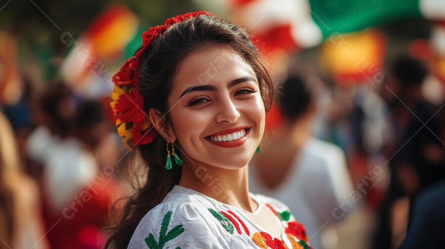 Mulher mexicana sorrindo com flores coloridas no cabelo e blusa bordada em festa cultural