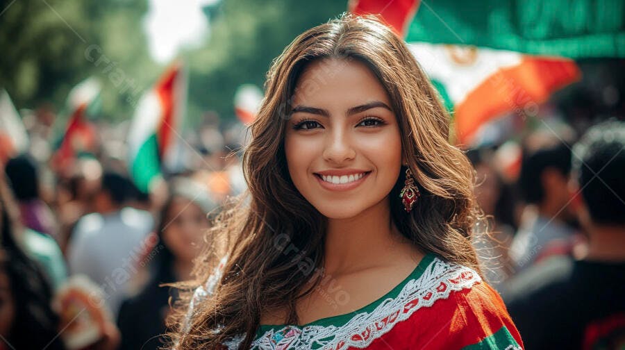 Mulher latina feliz vestindo roupa tradicional vermelha e verde em festa cultural