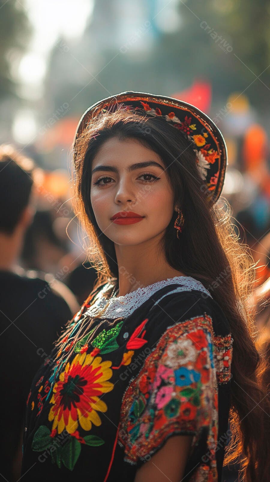 Mulher jovem latina com traje folclórico bordado colorido e chapéu em festival