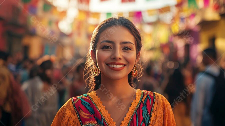 Mulher latina sorridente com blusa bordada em festival cultural vibrante