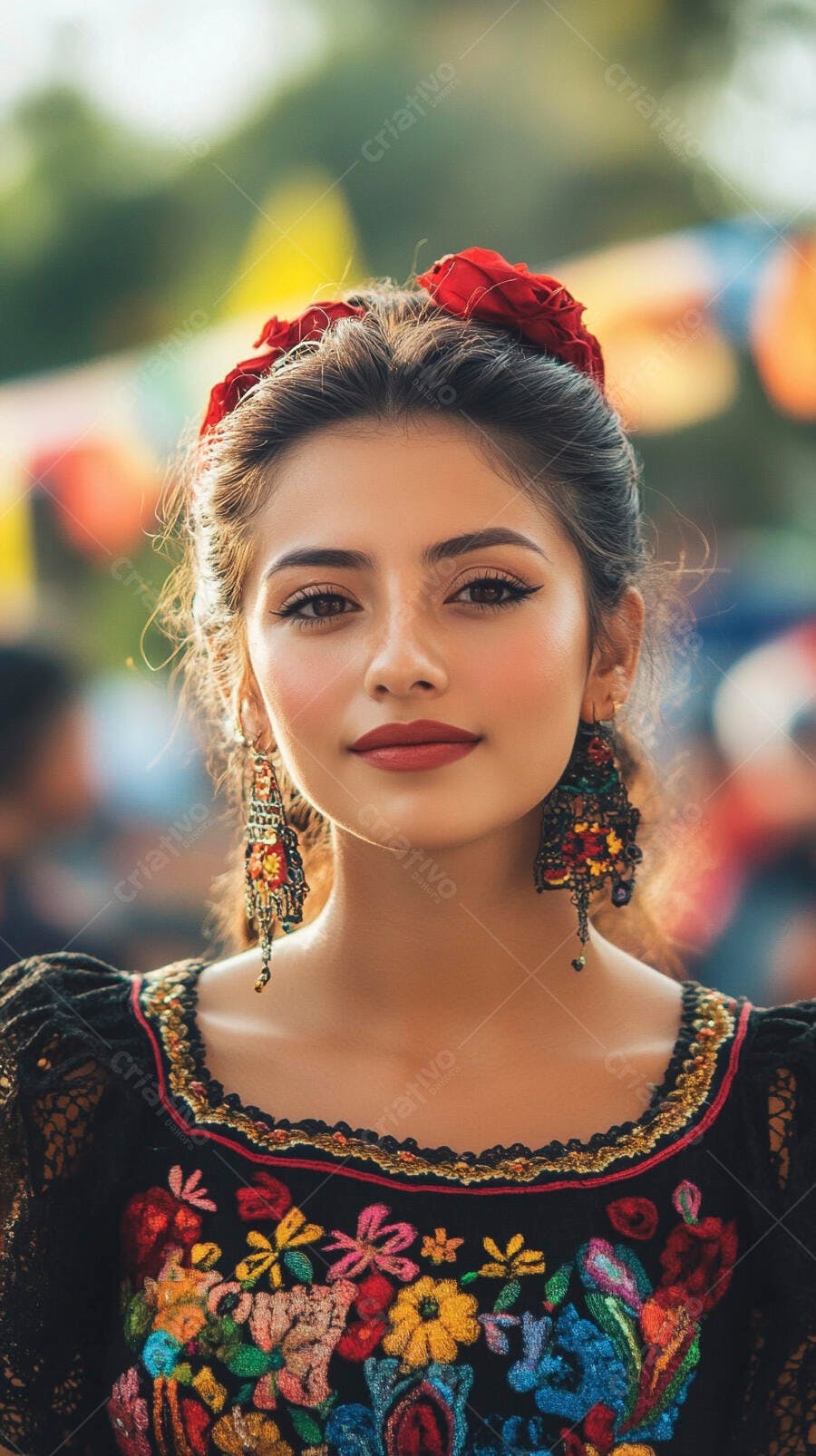 Mulher latina feliz com blusa bordada e flores vermelhas no cabelo em festa cultural