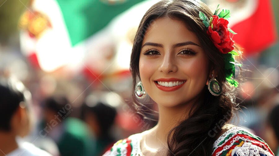 Mulher mexicana feliz com flor vermelha em celebração cultural