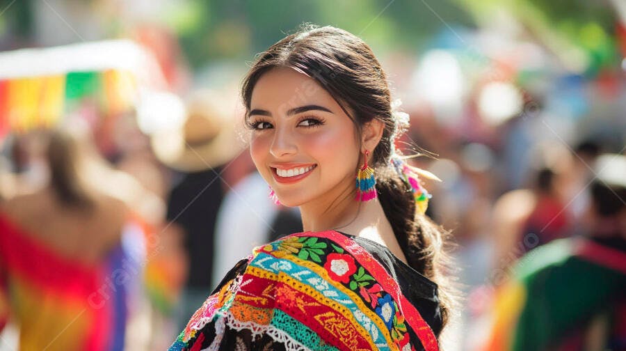 Mulher jovem latina sorrindo feliz em traje tradicional bordado colorido festival