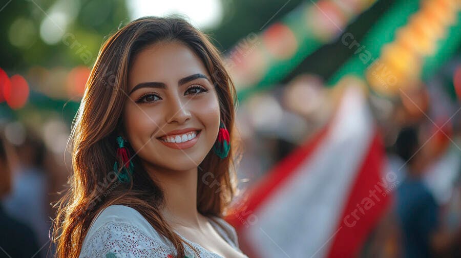 Mulher latina jovem sorrindo com brincos coloridos em festa cultural vibrante