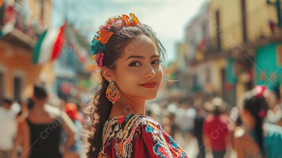 Jovem mulher latina sorrindo com coroa de flores em rua colorida mexicana