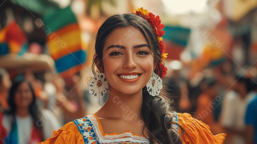 Mulher latina sorrindo em traje folclórico laranja flores vermelhas e brincos brancos
