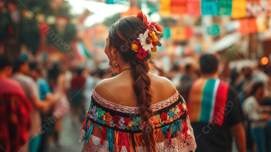 Mulher latina com trança e vestido bordado em festa mexicana colorida