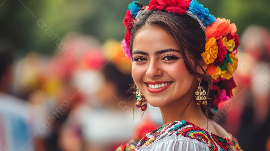 Mulher mexicana sorrindo com tiara de flores e blusa bordada em festa cultural