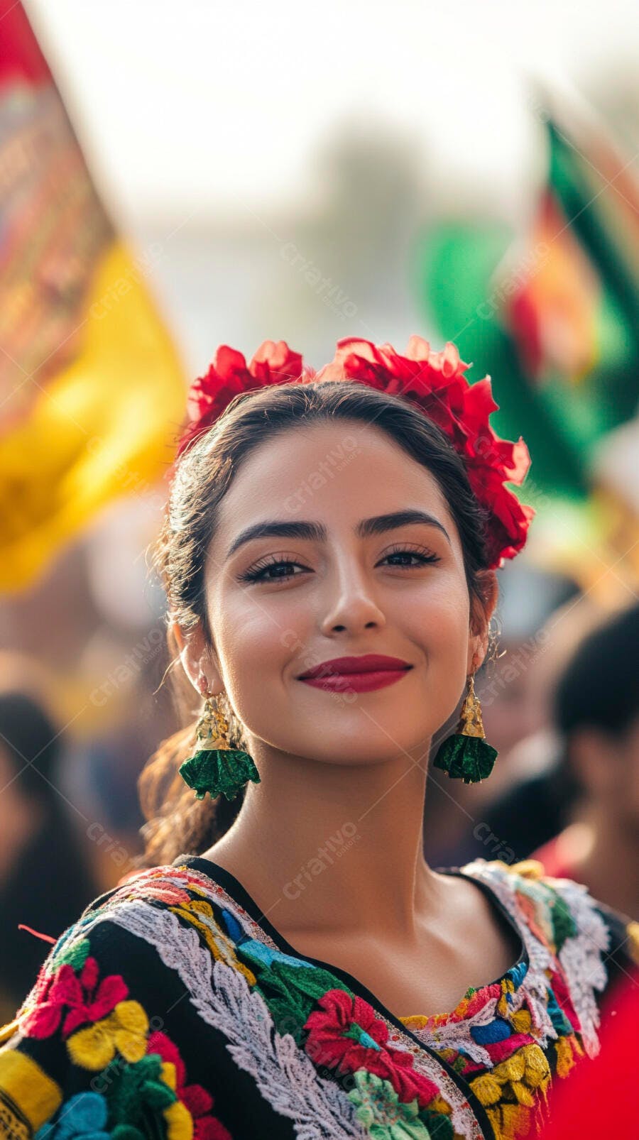 Mulher latina sorrindo com coroa de flores e blusa bordada colorida em celebração cultural