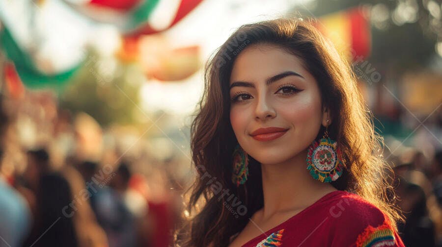 Jovem mulher latina sorrindo em festival cultural com brincos e roupa coloridos