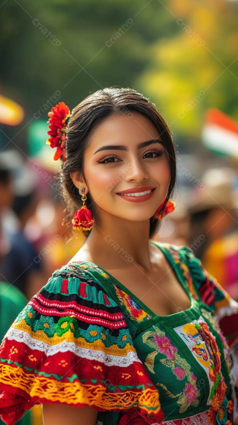Jovem mulher latina sorrindo em traje folclórico colorido e flor vermelha no cabelo
