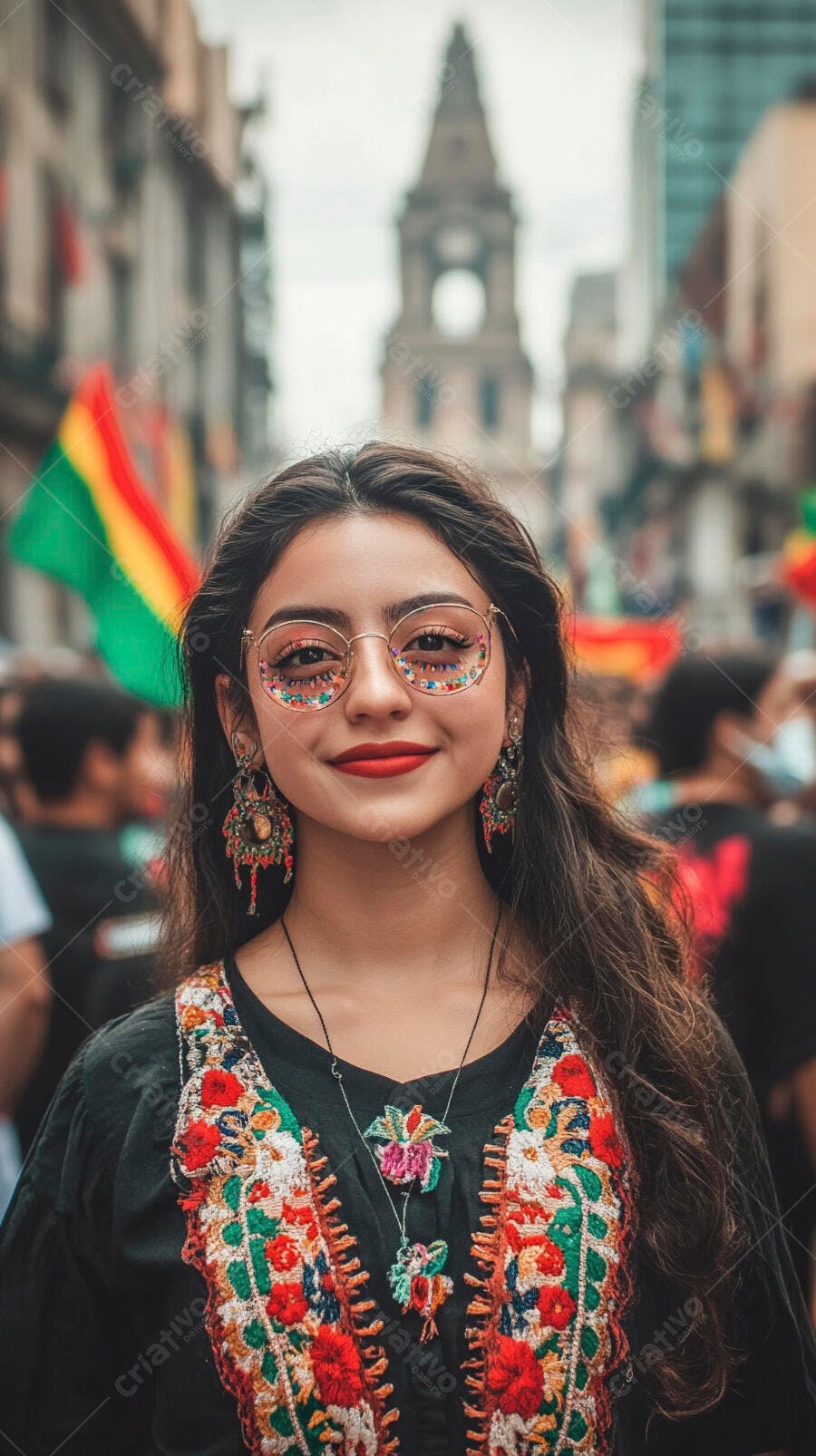 Mulher latina sorrindo com óculos coloridos em festival cultural na rua