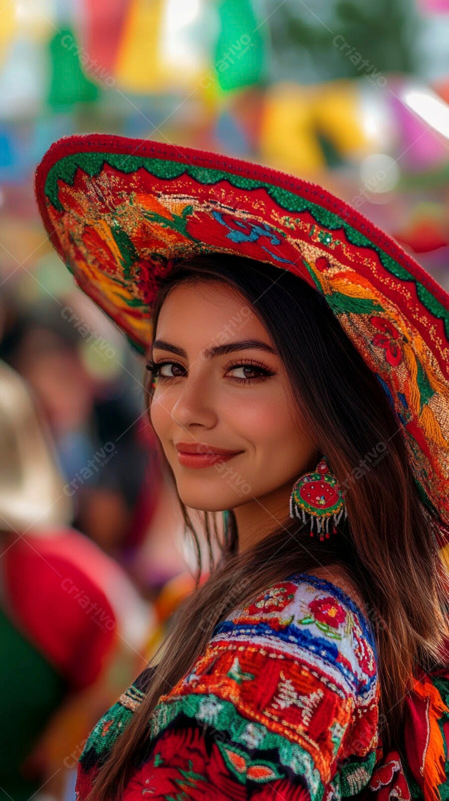 Mulher latina sorridente usando sombrero colorido em festival cultural