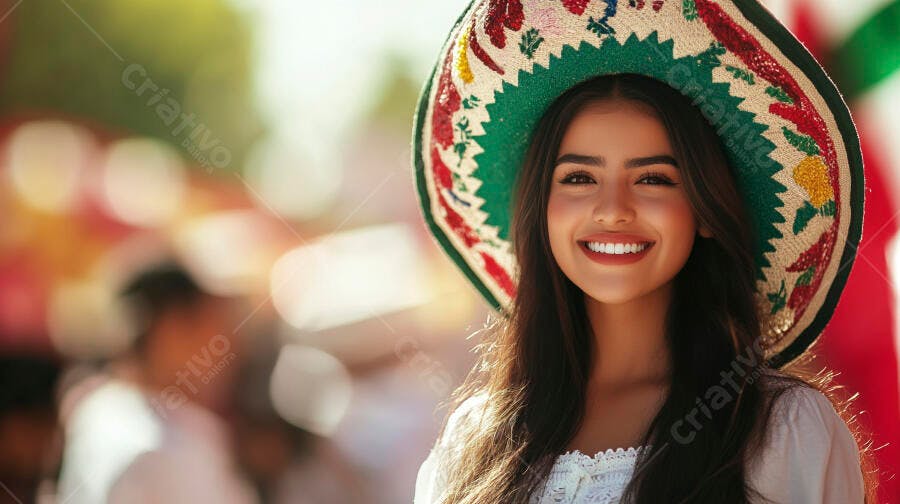 Jovem mulher latina sorrindo com sombrero vibrante em celebração cultural