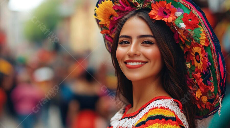 Mulher latina feliz com chapéu floral bordado em festival cultural