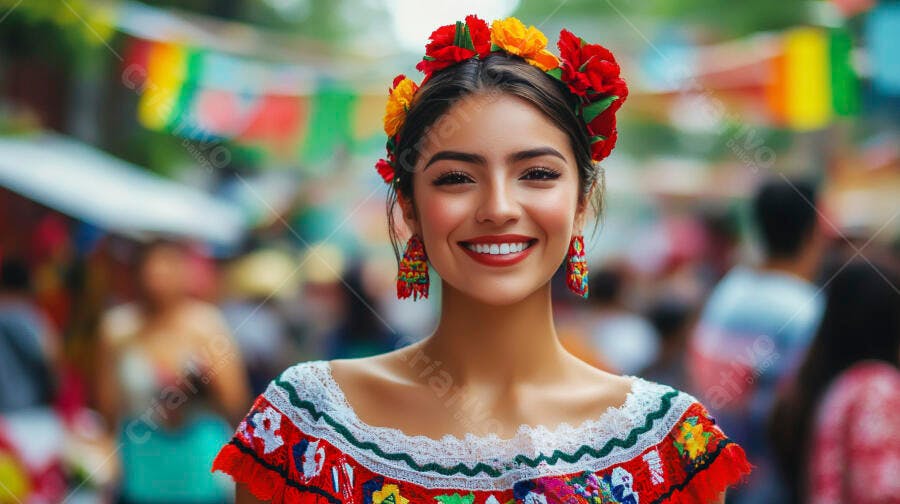Mulher latina com vestido mexicano e flores sorrindo em festa cultural vibrante
